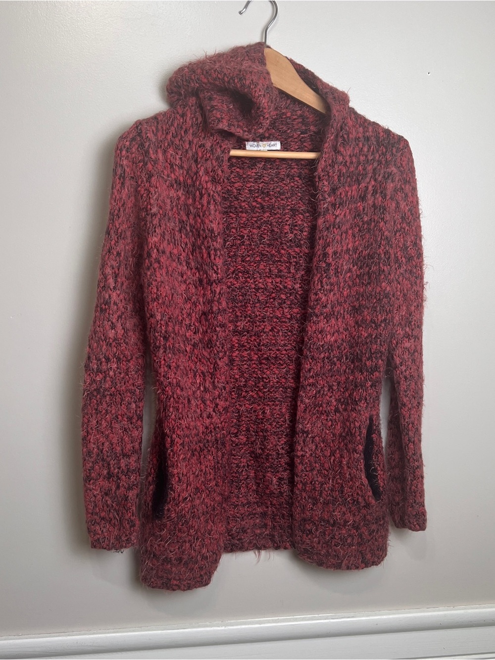 Woven Heart Marled Open-Front Burgundy/Black Hooded Cardigan Sweater Size Small